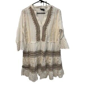 me 2 magic dress L Pullover 3/4 Sleeve tiered V Neck Cotton Lace Mixed Media